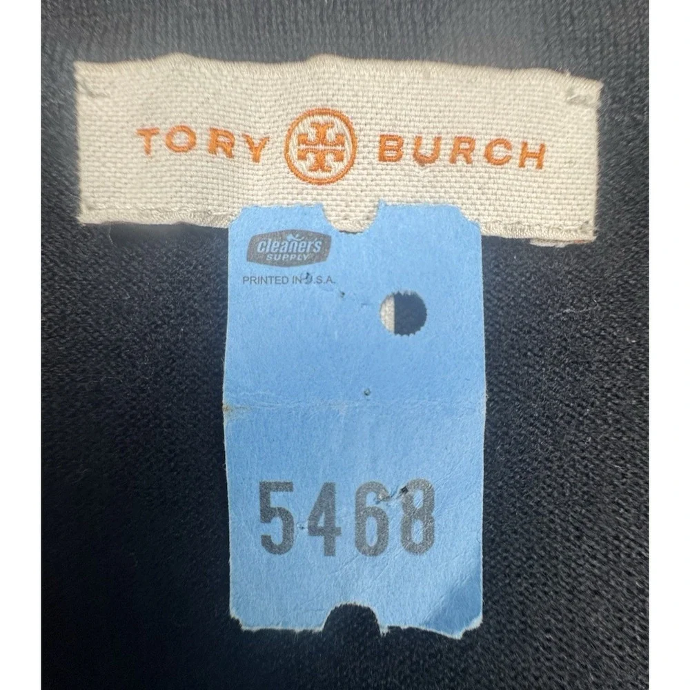 Tory Burch Simone Black Merino Wool Cardigan Sweater Gold Logo Buttons M